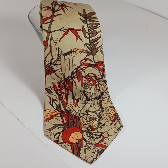 VTG Christian Dior Cravates Men's Silk Tie Tan Rust Yellow Cattails Plants 54" - Picture 1 of 8